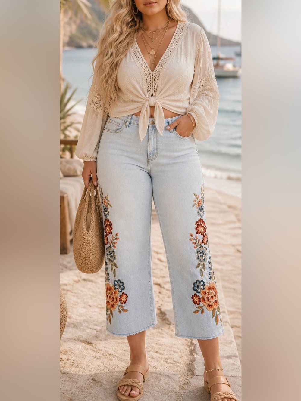 Driftwood Embroidered Floral Jeans Charlee Cropped Boho Festival Denim Size 8